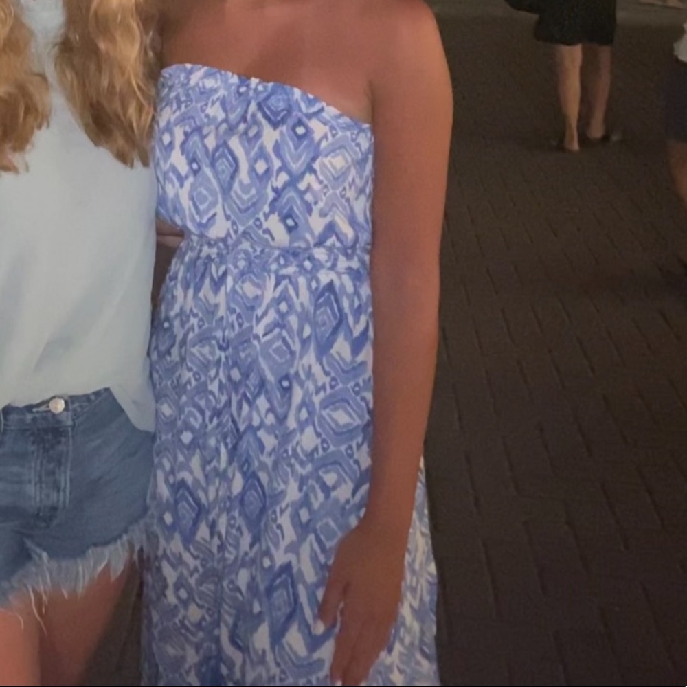 Strapless Blue & White Printed Maxi Dress